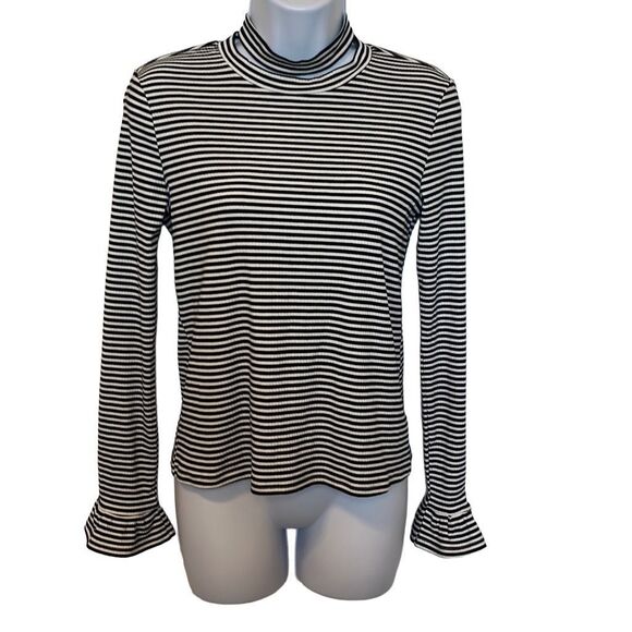 Gianni Bini Black White Stripe Ribbed Ruffle Cuff Cutout High Neck Top Blouse XS - Picture 1 of 7